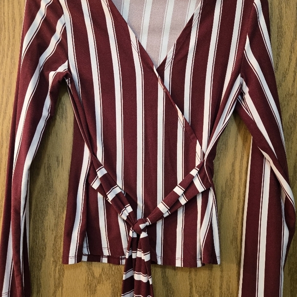 Maroon and White Striped Wrap Top - Picture 1 of 3